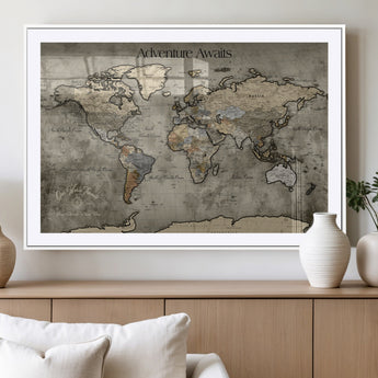 72658967-MGV-CV-36X24-Personalized World Map Wall Art – Adventure Awaits Rustic Sepia Travel Map with Custom Names, Vintage Wall Decor for Couples, Home
