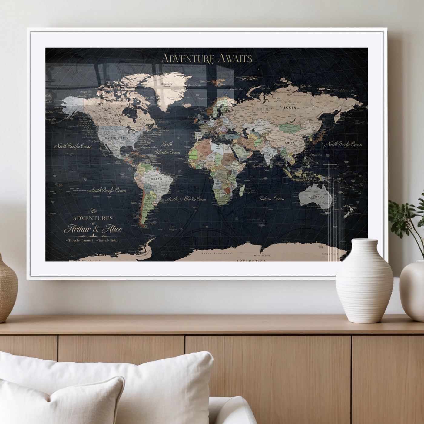15547583-MGV-CV-36X24-Personalized World Map Wall Art – Rustic Navy Adventure Awaits Travel Map with Custom Couple Names, Vintage Wall Decor for Home or