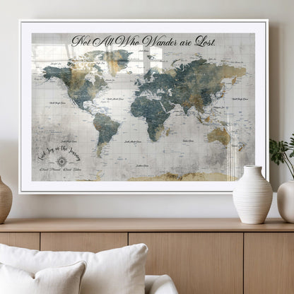 16233493-MGC-FP-36x24_White-Personalized World Map Wall Art – Rustic Blue Green Wanderlust Travel Map with Custom Couple Names, Vintage Wall Decor for Home