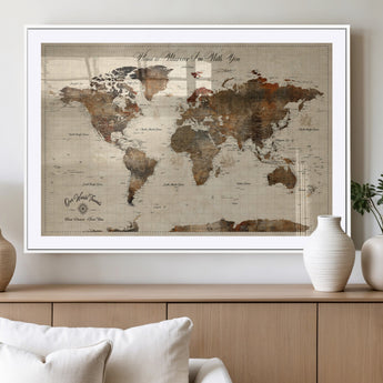 48225643-MGV-CV-36X24-Personalized World Map Wall Art – Rustic Vintage Adventure Travel Map with Custom Couple Names, Romantic Wall Decor for Home or