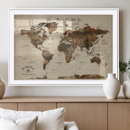 48225643-MGV-CV-36X24-Personalized World Map Wall Art – Rustic Vintage Adventure Travel Map with Custom Couple Names, Romantic Wall Decor for Home or
