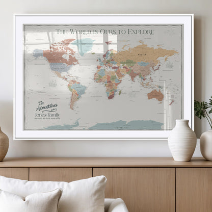 69180591-MGV-CV-36X24-Personalized World Map Wall Art – Rustic Vintage Adventure Travel Map with Custom Family Names, Unique Wall Decor for Couples,