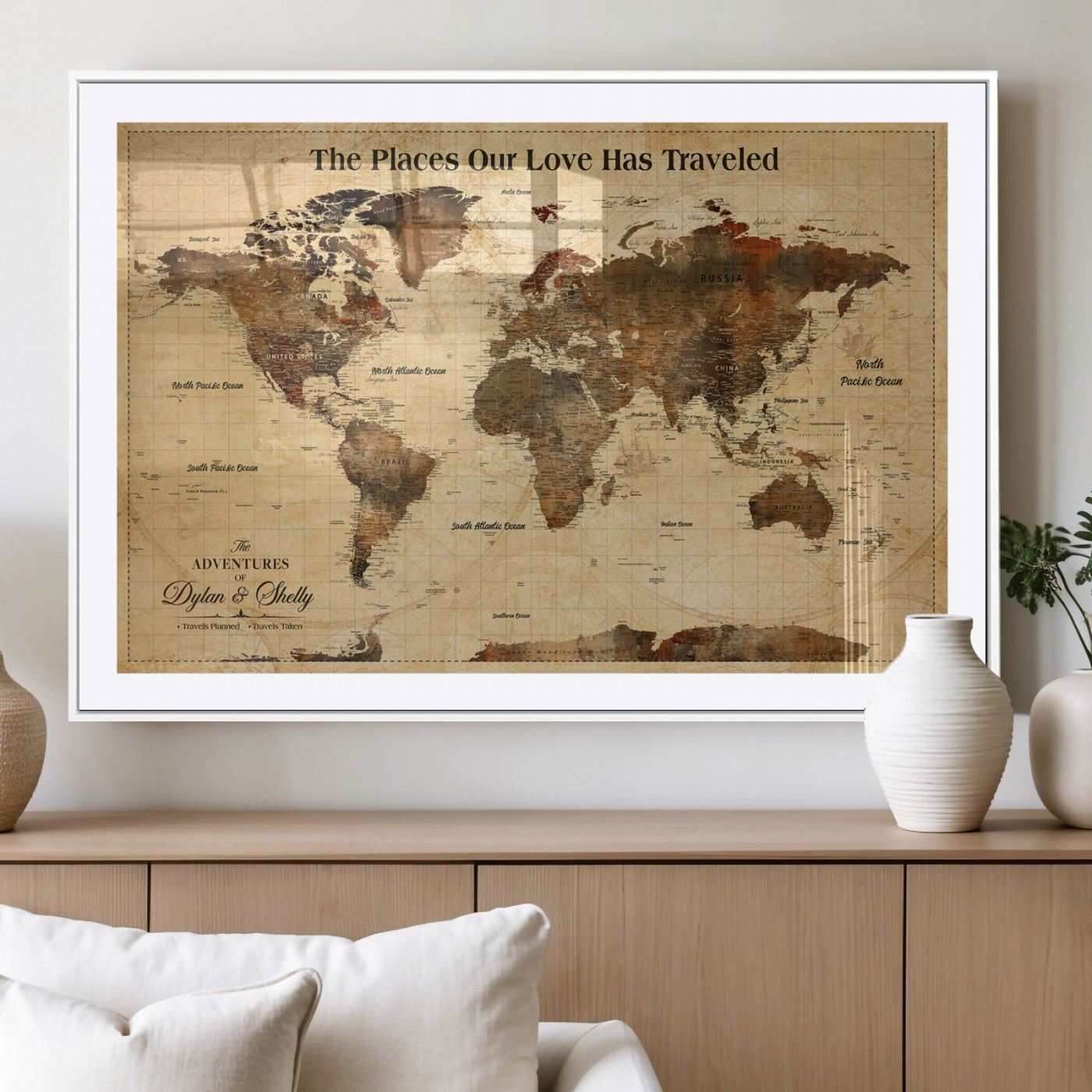 50680593-MGV-CV-36X24-Personalized World Map Wall Art – Rustic Brown Adventure Travel Map with Custom Names, Elegant Push Pin Canvas for Couples Home,