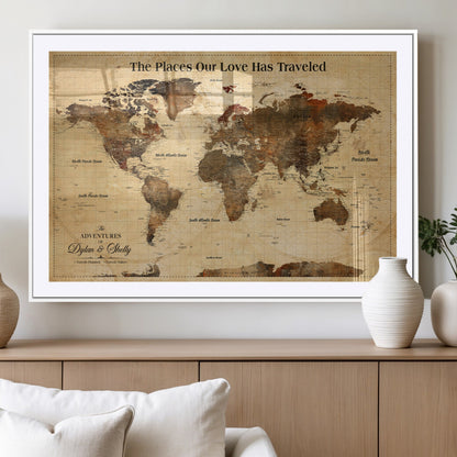 50680593-MGV-CV-36X24-Personalized World Map Wall Art – Rustic Brown Adventure Travel Map with Custom Names, Elegant Push Pin Canvas for Couples Home,
