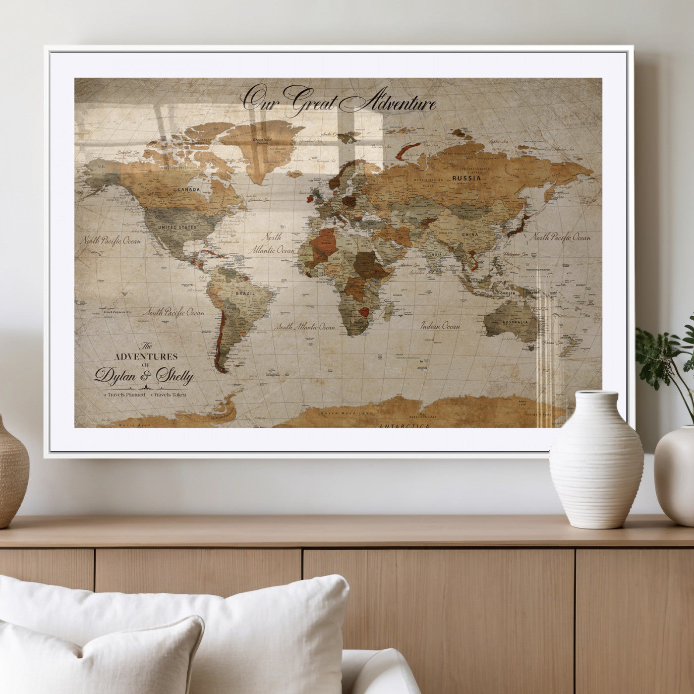 91961147-MGV-CV-36X24-Personalized World Map Wall Art – Vintage Sepia Adventure Travel Map with Custom Couple Names, Rustic Wall Decor for Home, Couples
