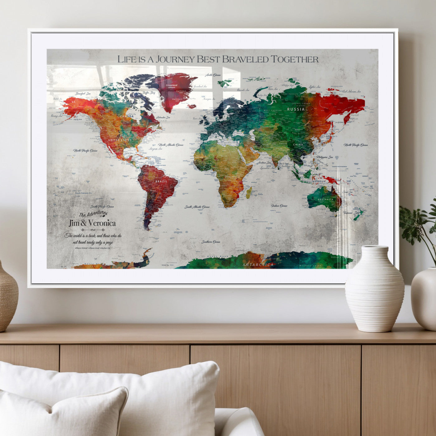 95876117-MGV-CV-36X24-Personalized World Map Wall Art – Colorful Watercolor Travel Map with Custom Names, Romantic Wall Decor for Couples, Wedding or
