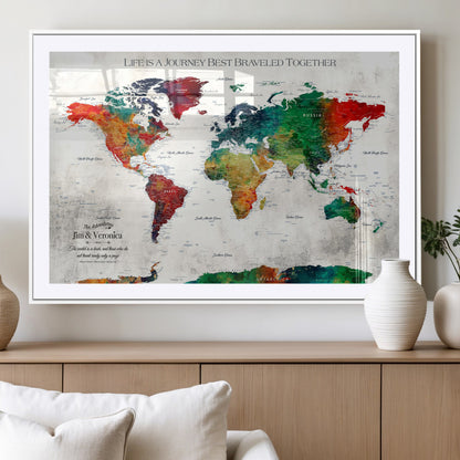 95876117-MGV-CV-36X24-Personalized World Map Wall Art – Colorful Watercolor Travel Map with Custom Names, Romantic Wall Decor for Couples, Wedding or