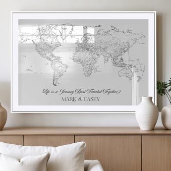 43438578-MGV-CV-36X24-Personalized World Map Wall Art – Black and White Minimal Travel Map with Custom Names, Elegant Wall Decor for Couples, Wedding or
