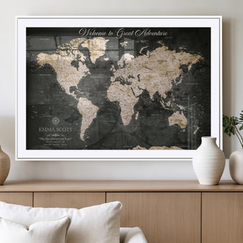 70534097-MGV-CV-36X24-Personalized World Map Wall Art – Dark Vintage Adventure Style Travel Map with Custom Names, Unique Wall Decor for Couples, Home