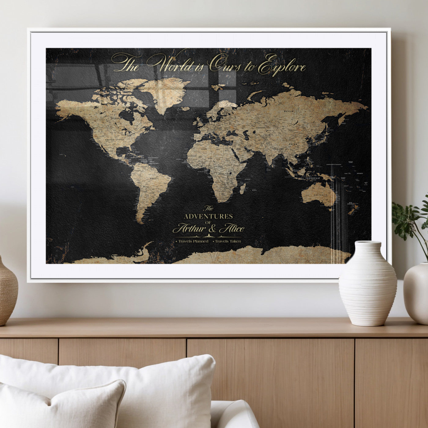 98947257-MGV-CV-36X24-Personalized World Map Wall Art – Vintage Black Adventure Travel Map with Custom Names, Elegant Push Pin Canvas for Couples Home