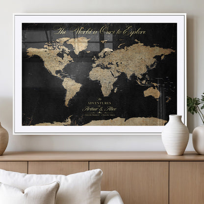 98947257-MGV-CV-36X24-Personalized World Map Wall Art – Vintage Black Adventure Travel Map with Custom Names, Elegant Push Pin Canvas for Couples Home