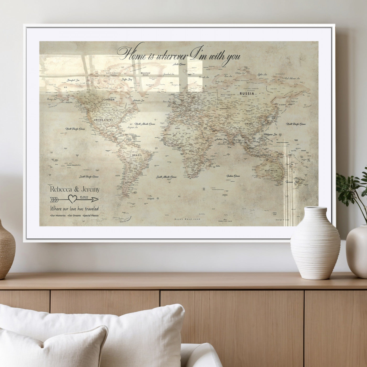 57950315-MGV-CV-36X24-Personalized World Map Wall Art – Vintage Beige Travel Map with Custom Names, Romantic Anniversary Gift for Couples, Adventure