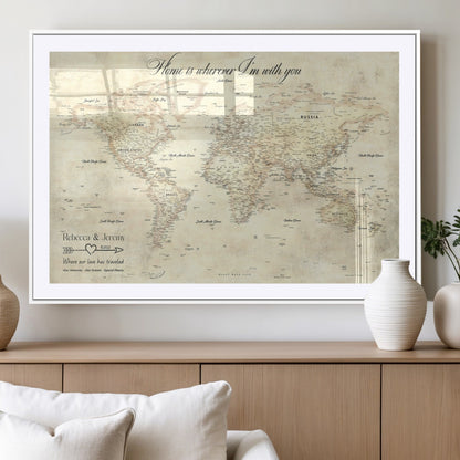 57950315-MGV-CV-36X24-Personalized World Map Wall Art – Vintage Beige Travel Map with Custom Names, Romantic Anniversary Gift for Couples, Adventure