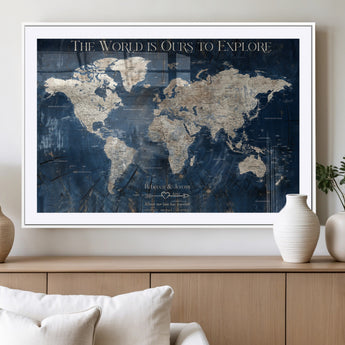 16933330-MGV-CV-36X24-Personalized World Map Wall Art – Navy Blue Vintage Travel Map with Custom Names, Anniversary Gift for Couples Romantic Adventure