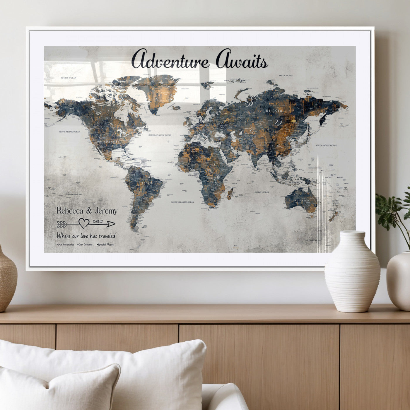 11751559-MGV-CV-36X24-Personalized World Map Wall Art – Elegant Adventure Travel Tracker Map for Couples & Families, Push Pin Canvas Poster Decor for Home, Office