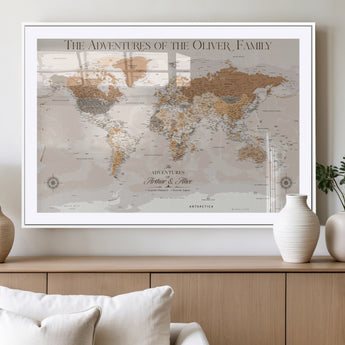 34289723-MGV-CV-36X24-Personalized World Map Wall Art – Elegant Beige and Brown Adventure Map Canvas Print for Family Home, Living Room, Study or Office