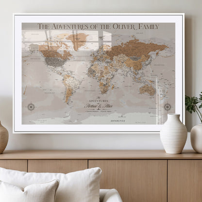 34289723-MGV-CV-36X24-Personalized World Map Wall Art – Elegant Beige and Brown Adventure Map Canvas Print for Family Home, Living Room, Study or Office