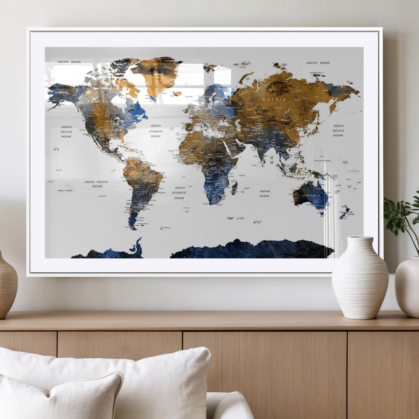 MGC-FP-36x24 - World Map Wall Art Canvas Print, Framed Blue Gold Map Art Picture Print, Rustic Atlas Perfect Rustic Modern Decor Artwork