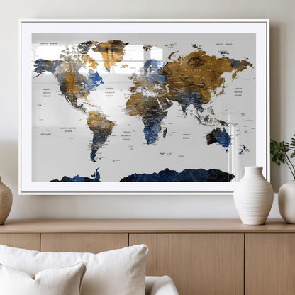 MGC-FP-36x24 - World Map Wall Art Canvas Print, Framed Blue Gold Map Art Picture Print, Rustic Atlas Perfect Rustic Modern Decor Artwork