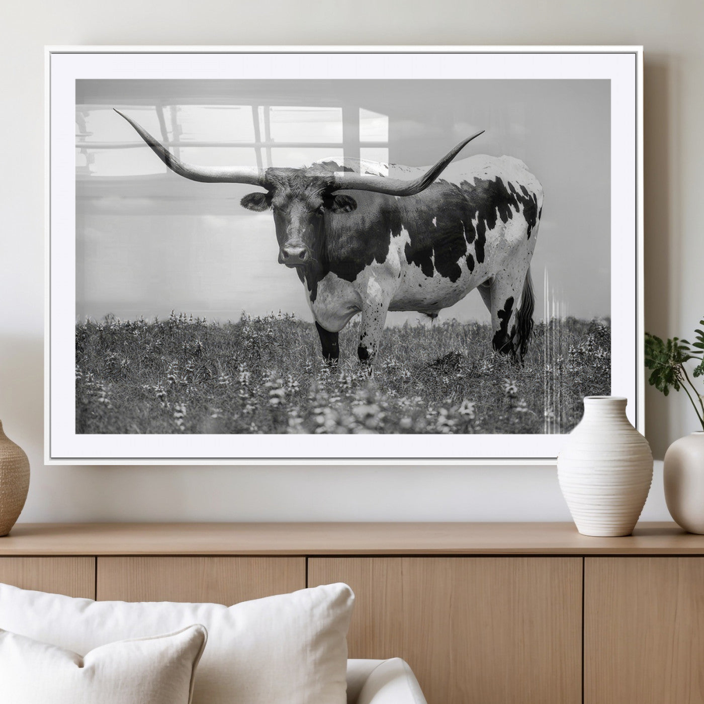 83785-MGV-CV-36X24-Texas Longhorn Wall Art Canvas Print, Framed Horned Bull Art Picture Print, Monochrome Cattle Perfect Rustic Western Decor Artwork