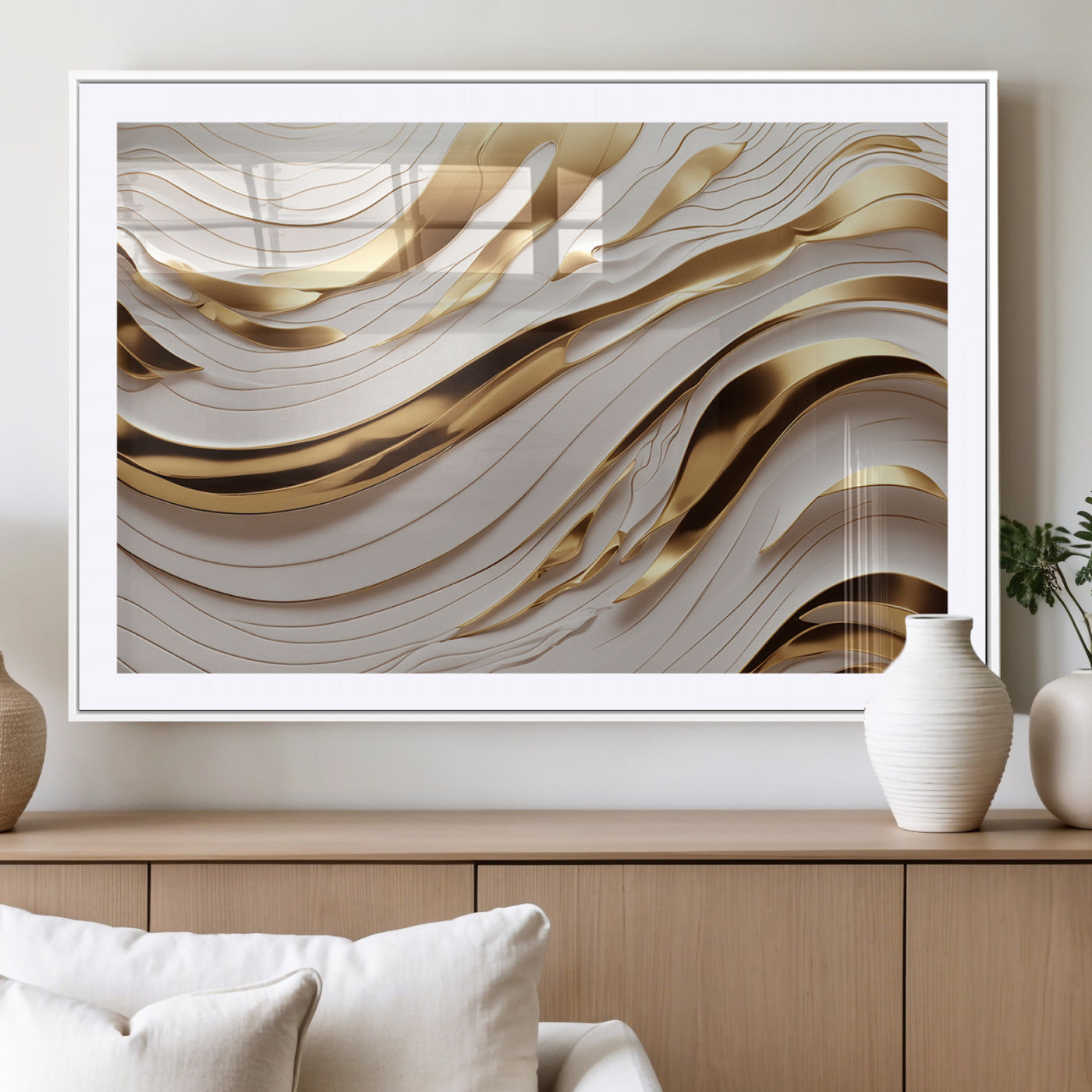 41237-MGC-FP-36x24_White-Gold Waves Wall Art Canvas Print, Framed Elegant Flow Art Picture Print, Luxury Layers Perfect Minimal Luxe Decor Artwork