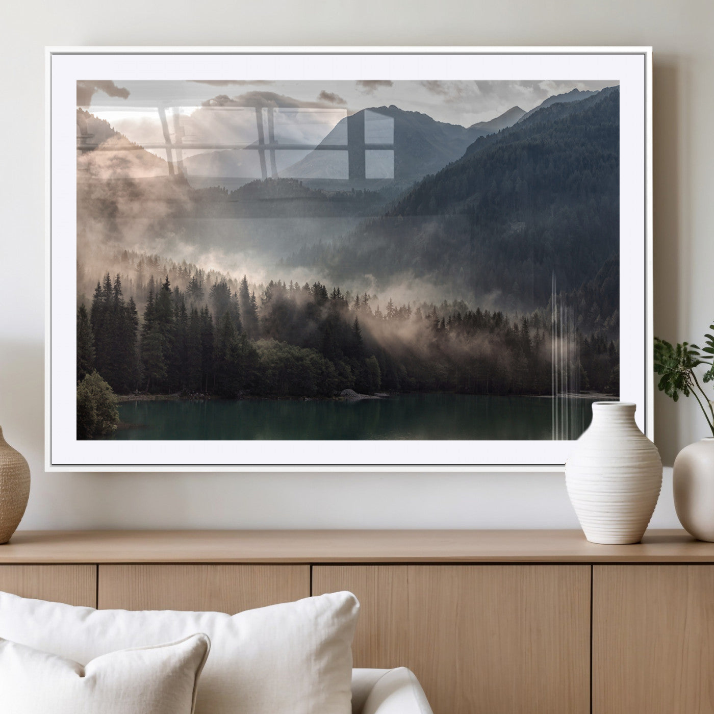 64758-MGV-CV-36X24-Misty Mountains Wall Art Canvas Print, Framed Moody Pines Art Picture Print, Forest Lake Perfect Moody Alpine Decor Artwork