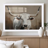 63550-MGC-FP-36x24_White-Texas Longhorn Wall Art Canvas Print, Framed White Bull Art Picture Print, Horned Cattle Perfect Rustic Western Decor Artwork