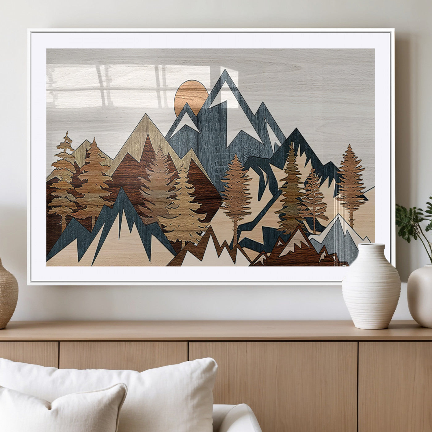 80300-MGC-FP-36x24_White-Geometric Mountains Wall Art Canvas Print, Framed Stylized Trees Art Picture Print, Graphic Forest Perfect Rustic Abstract Decor