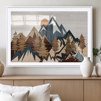 80300-MGC-FP-36x24_White-Geometric Mountains Wall Art Canvas Print, Framed Stylized Trees Art Picture Print, Graphic Forest Perfect Rustic Abstract Decor