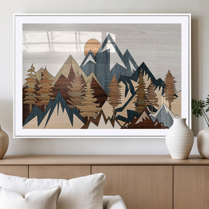 80300-MGC-FP-36x24_White-Geometric Mountains Wall Art Canvas Print, Framed Stylized Trees Art Picture Print, Graphic Forest Perfect Rustic Abstract Decor