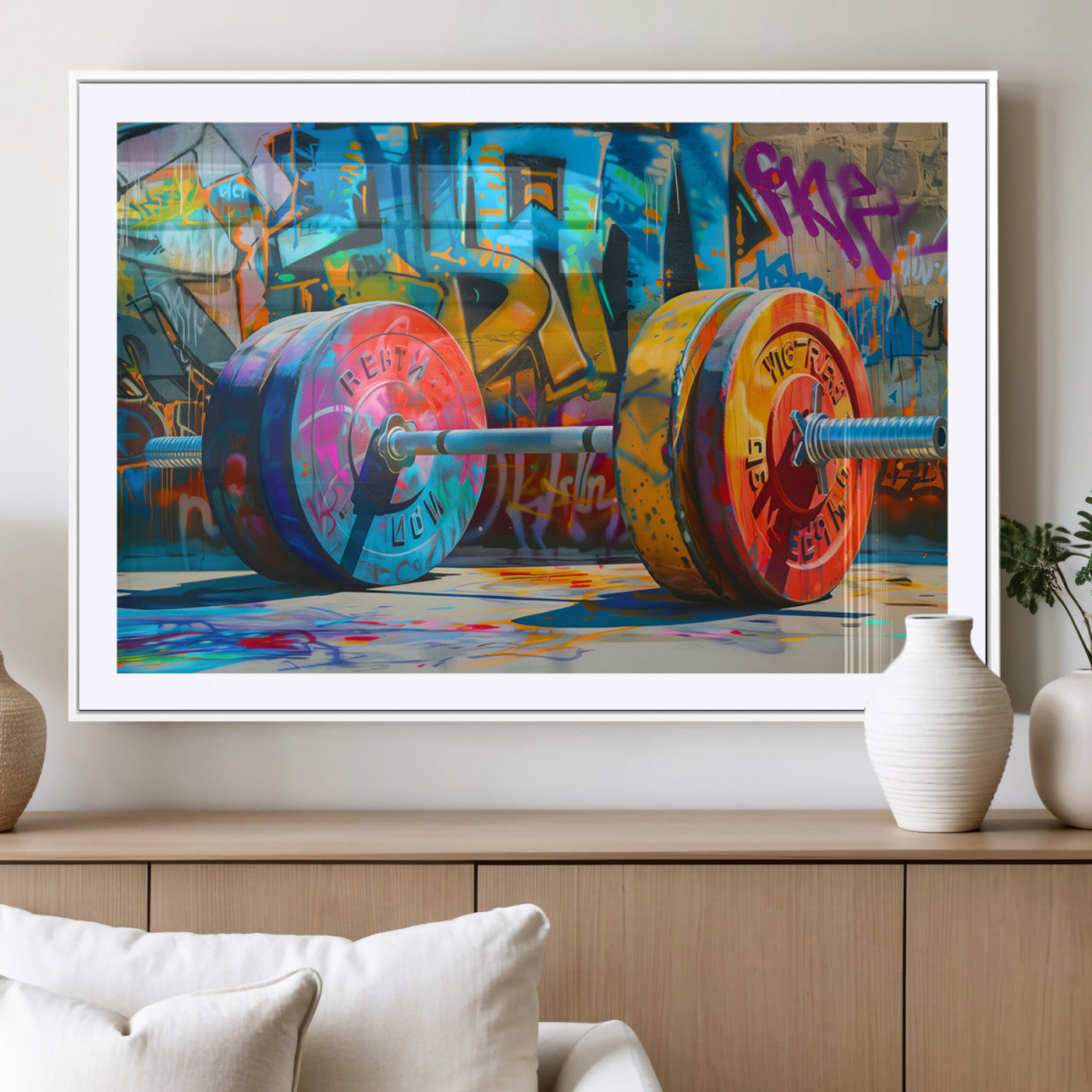 85141-MGV-CV-36X24-Colorful Barbell Wall Art Canvas Print, Framed Street Gym Art Picture Print, Graffiti Workout Perfect Urban Fitness Decor Artwork