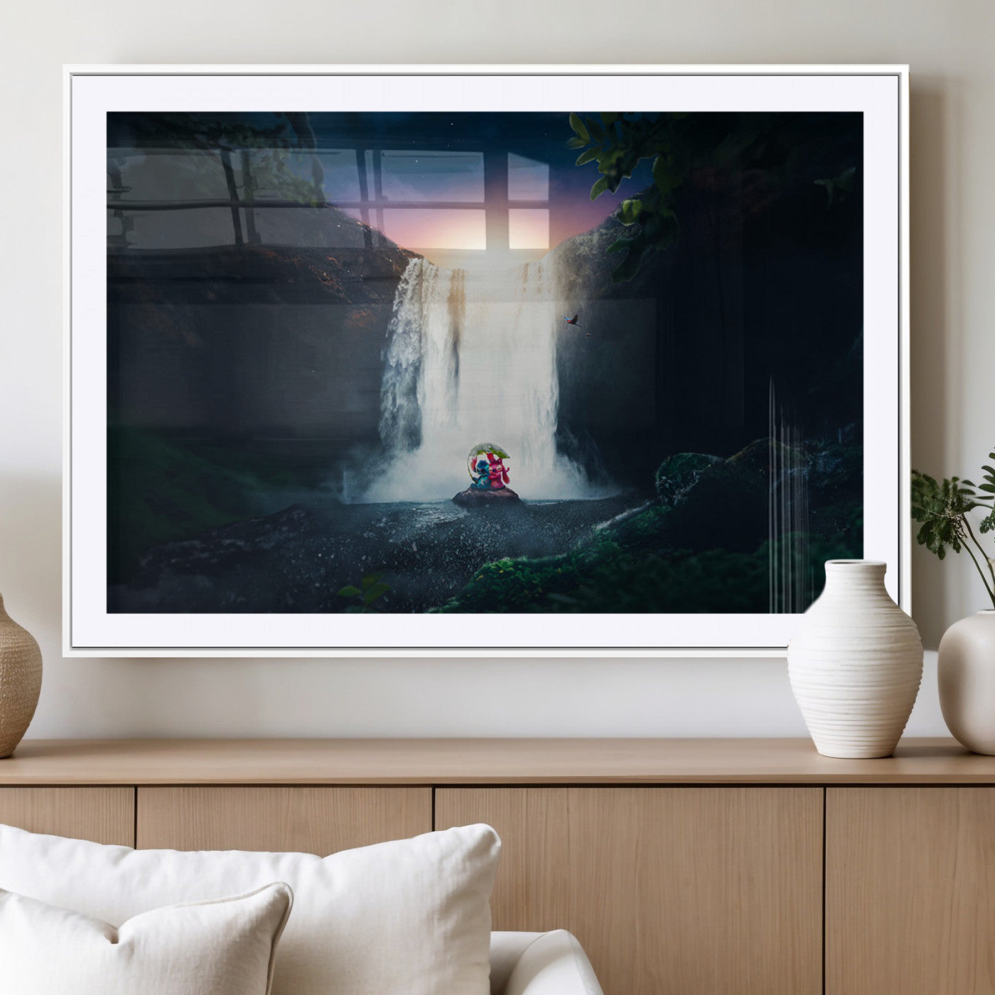 56359-MGC-FP-36x24_White-Lilo Stitch Wall Art Canvas Print, Framed Stitch Angel Art Picture Print, Cartoon Waterfall Perfect Tropical Fantasy Decor Artwork
