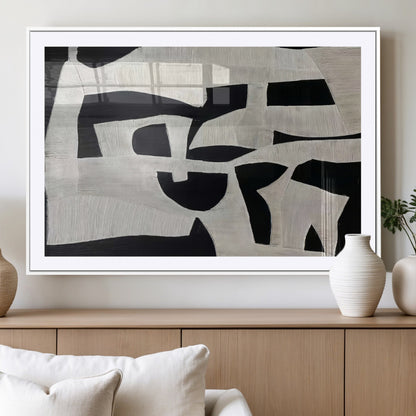 33714-MGC-FP-36x24_White-Monochrome Design Wall Art Canvas Print, Framed Modern Linework Art Picture Print, Textured Shapes Perfect Monochrome Modern Decor