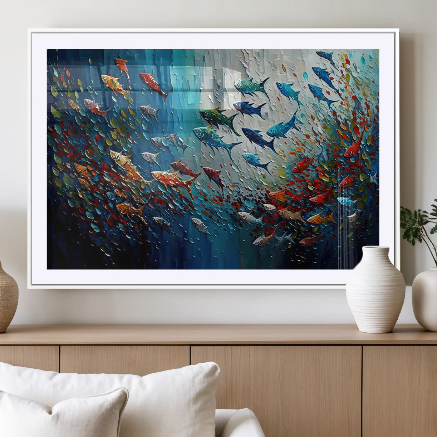 89626-MGV-CV-36X24-Fish Swarm Wall Art Canvas Print, Framed Abstract Ocean Art Picture Print, Underwater Life Perfect Vibrant Coastal Decor Artwork