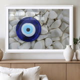 48883-MGV-CV-36X24-Evil Eye Wall Art – Deep Blue Symbol of Presence and Calm on White Stones, Subtle Spiritual Decor for Entryway, Studio, Office or