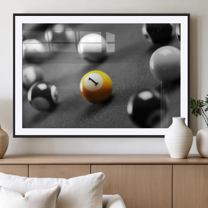 52108-MGV-CV-36X24-Precision Pool Table Wall Art – Close Up Yellow 1 Ball Canvas Print, Hand-Played Billiards Game Decor for Office, Game Room, or