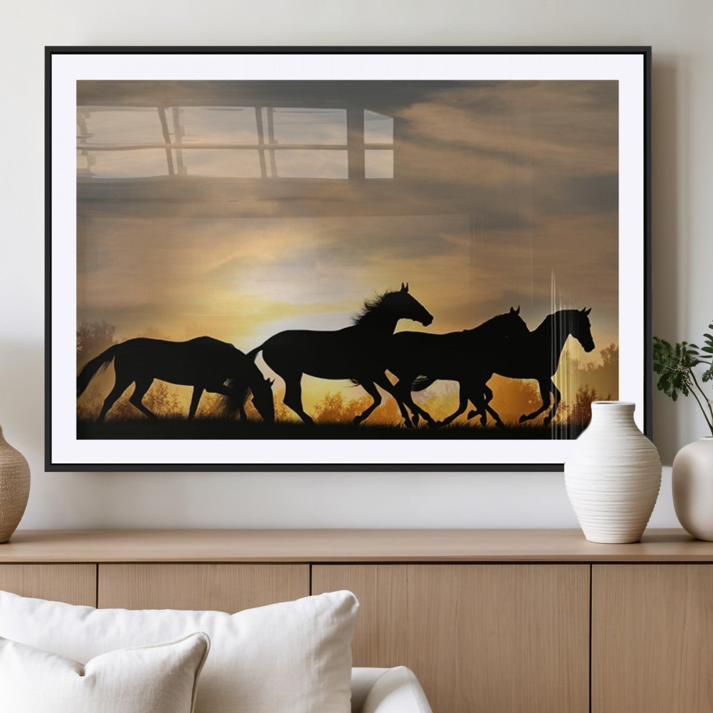 16620-MGV-CV-36X24-Sunset Stallions Wall Art – Silhouetted Horses Running Canvas Print, Nature’s Rhythm, Perfect for Living Room, Office, or Man Cave