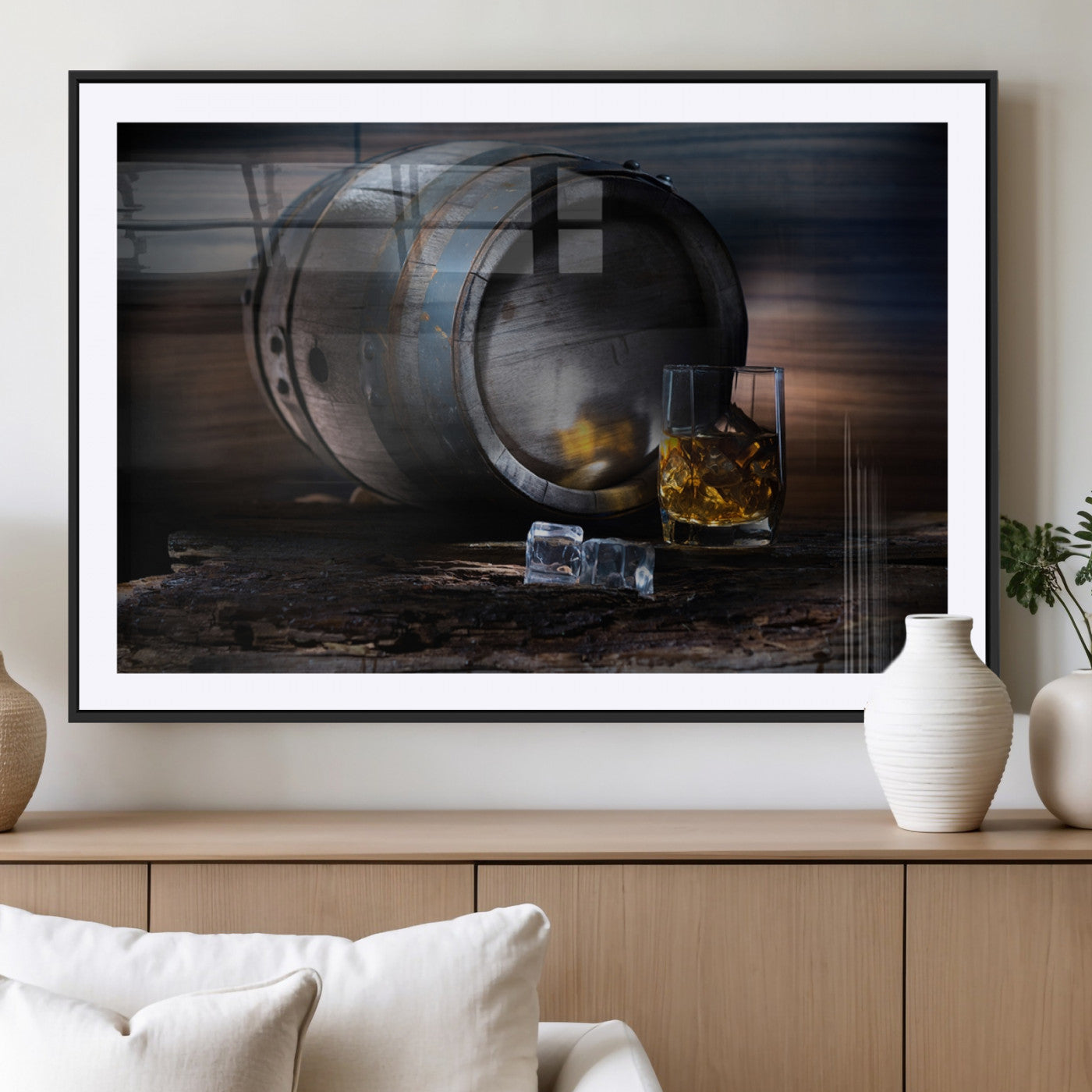 78049-MGV-CV-36X24-Whiskey Barrel Wall Art – Rustic Whiskey Barrel and Glass with Ice Canvas Print, Classic Bar or Lounge Decor for Home, Office, or