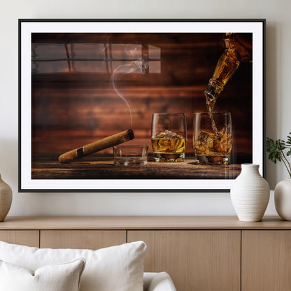 91042-MGV-CV-36X24-Whiskey & Cigar Wall Art – Elegant Whiskey Pour and Smoldering Cigar Canvas Print, Sophisticated Bar or Lounge Decor for Home,
