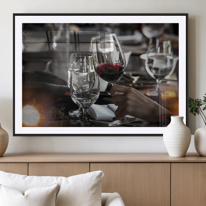 75513-MGV-CV-36X24-Elegant Wine Toast Wall Art – Close-Up Red Wine Glass at Dinner Table Canvas Print, Sophisticated Dining Room or Bar Decor