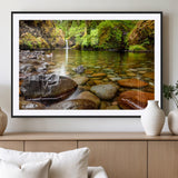 98096-MGV-CV-36X24-Serene River Waterfall Nature Photo – Calm Clear Water, Vibrant Green Forest and Smooth Stones Landscape Wall Art for Home or
