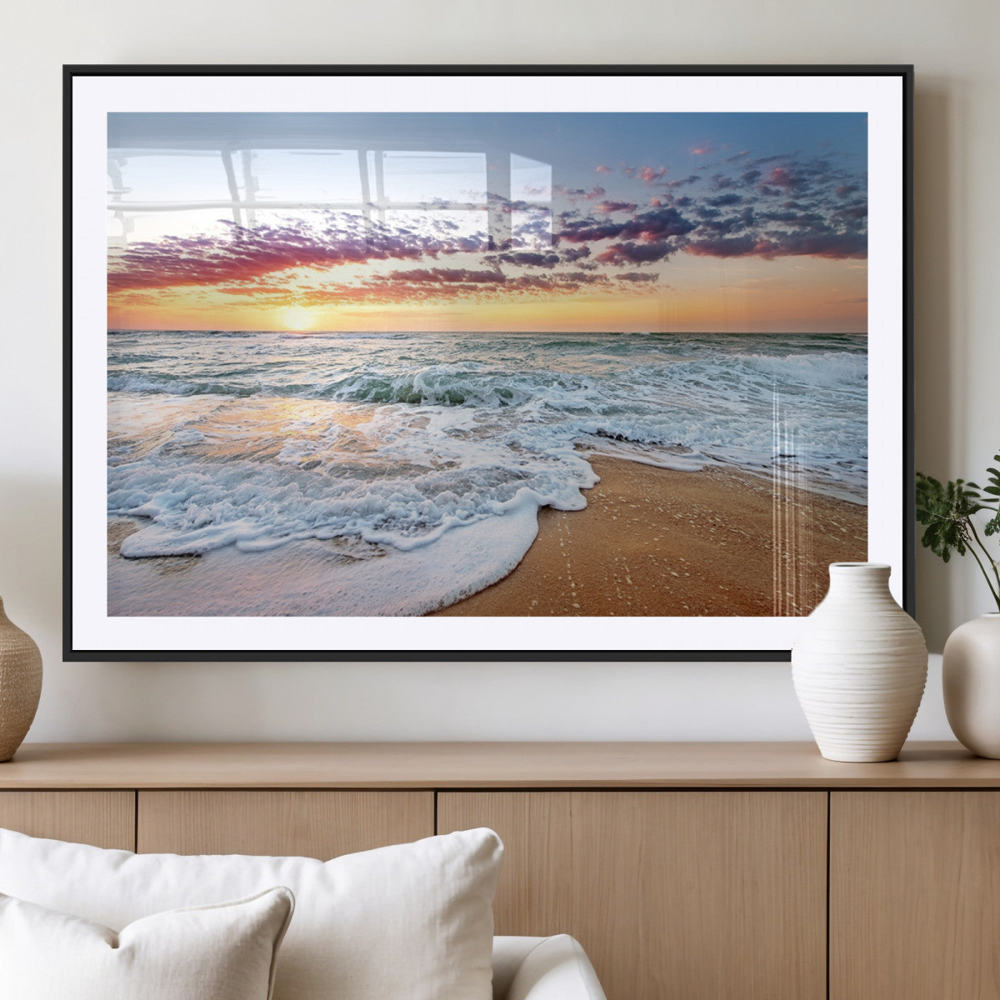 39560-MGV-CV-36X24-Sunrise Beach Wall Art – Vibrant Ocean Waves and Golden Sand Canvas Print, Seaside Coastal Decor for Living Room, Bedroom or