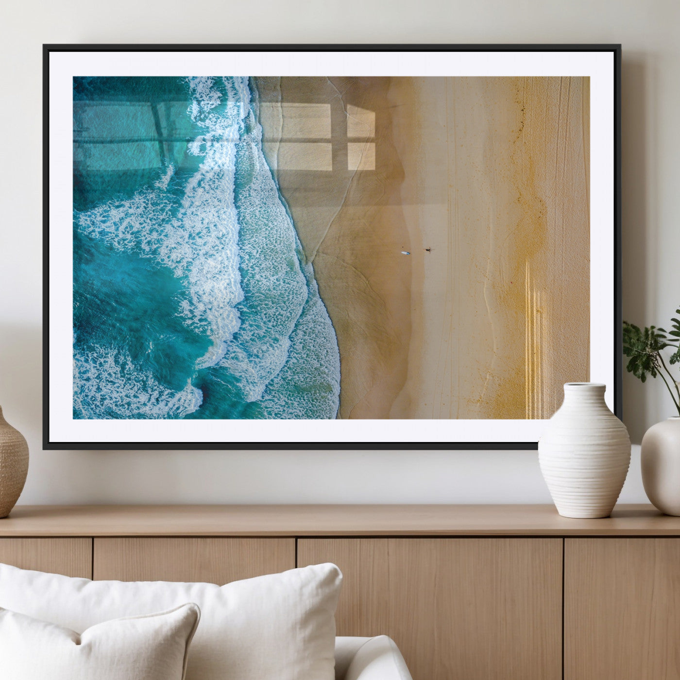 46640-MGC-FP-36x24_Black-Aerial Beach Wall Art – Turquoise Waves and Golden Sand Canvas Print with Lone Surfer, Coastal Ocean Decor for Living Room,