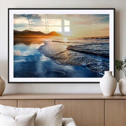 86173-MGV-CV-36X24-Golden Sunset Beach Wall Art – Reflective Ocean Canvas Print with Mountains and Waves, Coastal Nature Decor for Living Room,