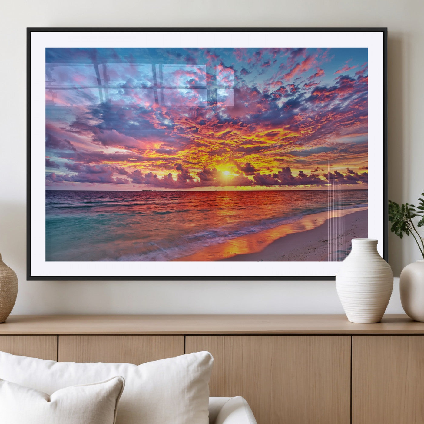 28887-MGV-CV-36X24-Tropical Sunset Beach Wall Art – Vibrant Ocean Canvas Print with Colorful Sky and Waves, Coastal Nature Decor for Bedroom, Living