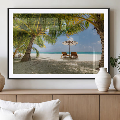 83601-MGV-CV-36X24-Tropical Beach Wall Art – Serene Palm Trees and Lounge Chairs Canvas Print, Relaxing Coastal Decor for Living Room, Bedroom or