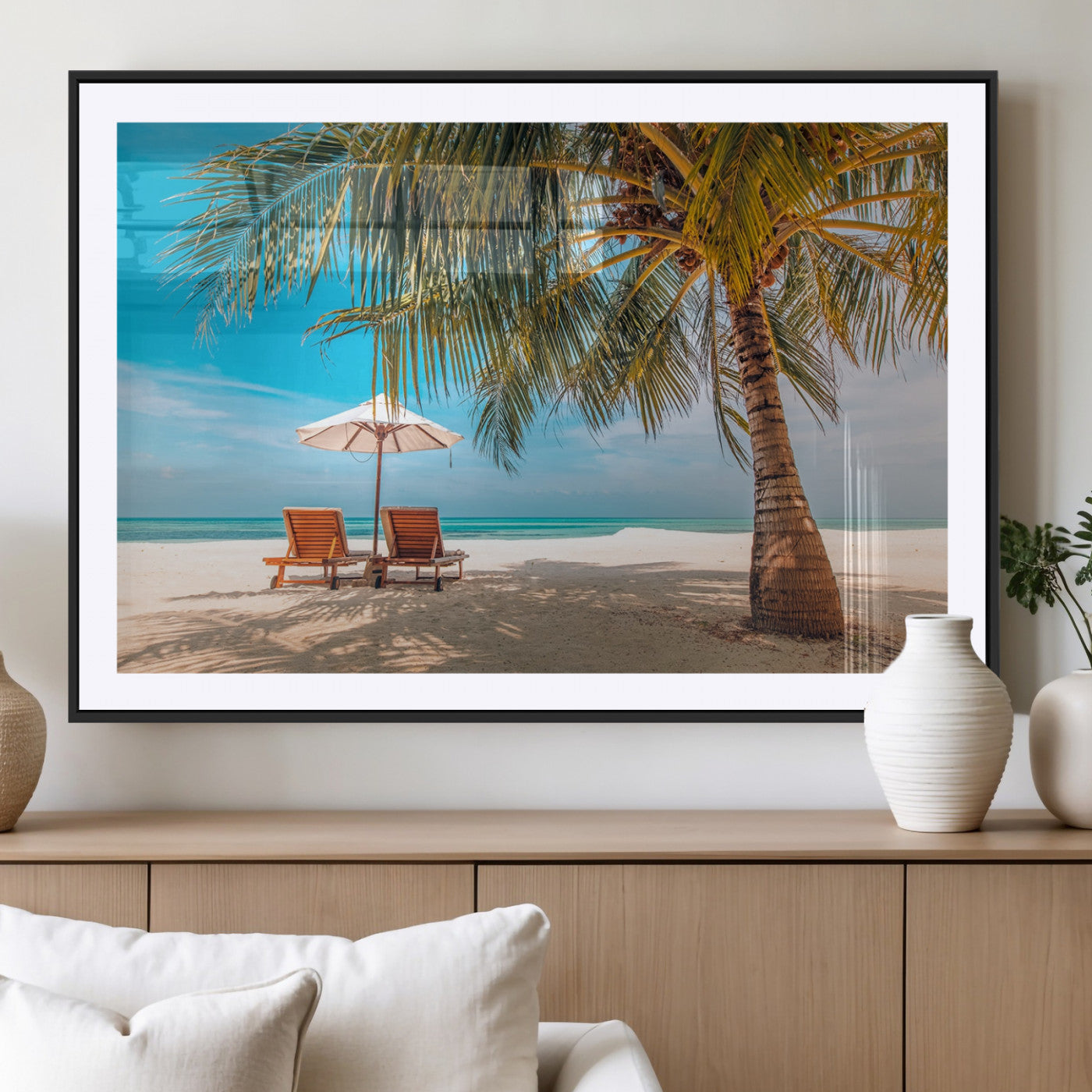 69754-MGC-FP-36x24_Black-Tropical Beach Wall Art – Relaxing Palm Tree and Lounge Chairs Canvas Print, Serene Coastal Decor for Living Room, Bedroom, Office