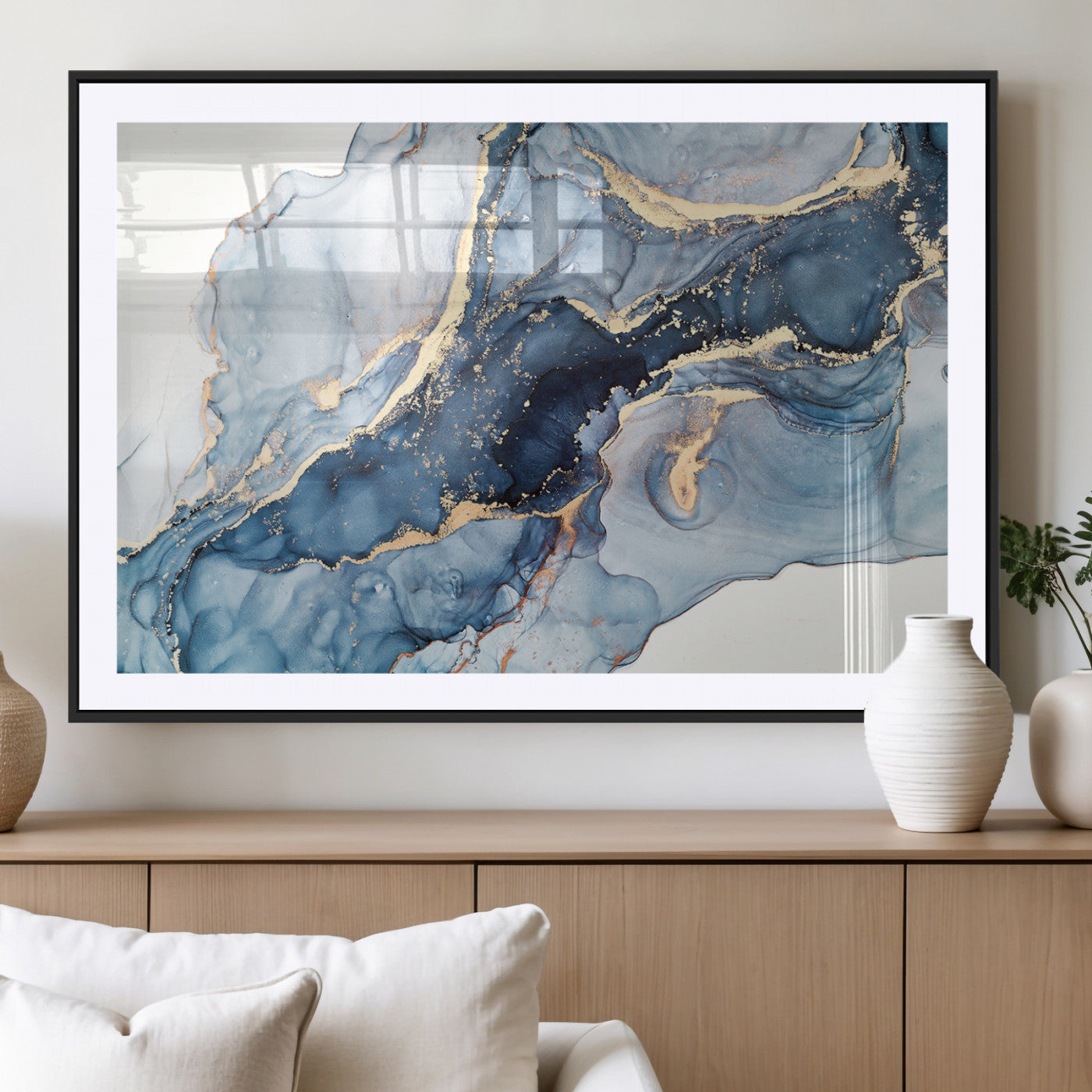 33782-MGV-CV-36X24-Abstract Marble Wall Art – Blue & Gold Fluid Painting Canvas Print, Modern Home Decor for Living Room, Bedroom or Office