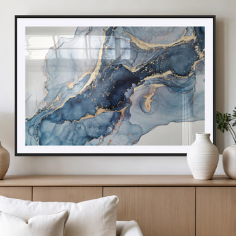 33782-MGV-CV-36X24-Abstract Marble Wall Art – Blue & Gold Fluid Painting Canvas Print, Modern Home Decor for Living Room, Bedroom or Office