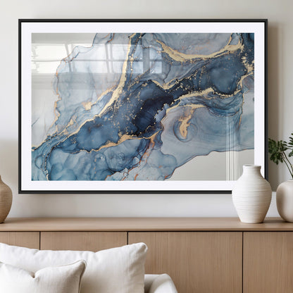 33782-MGV-CV-36X24-Abstract Marble Wall Art – Blue & Gold Fluid Painting Canvas Print, Modern Home Decor for Living Room, Bedroom or Office